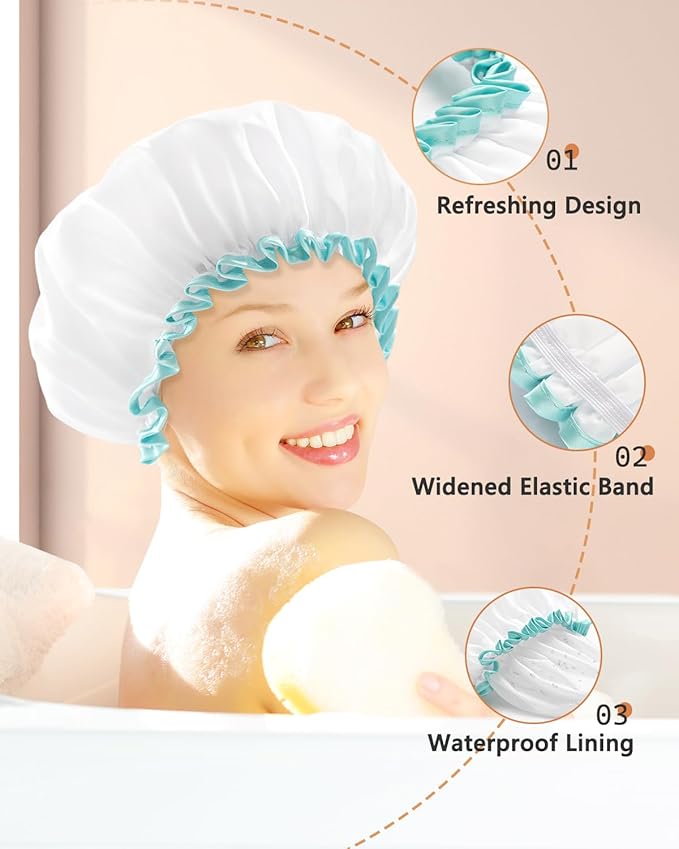 mikimini White Shower Cap for Women and Girls 2 Pack,Double Waterproof, Reusable,Washable, Super Cute and Soft,Comfortable