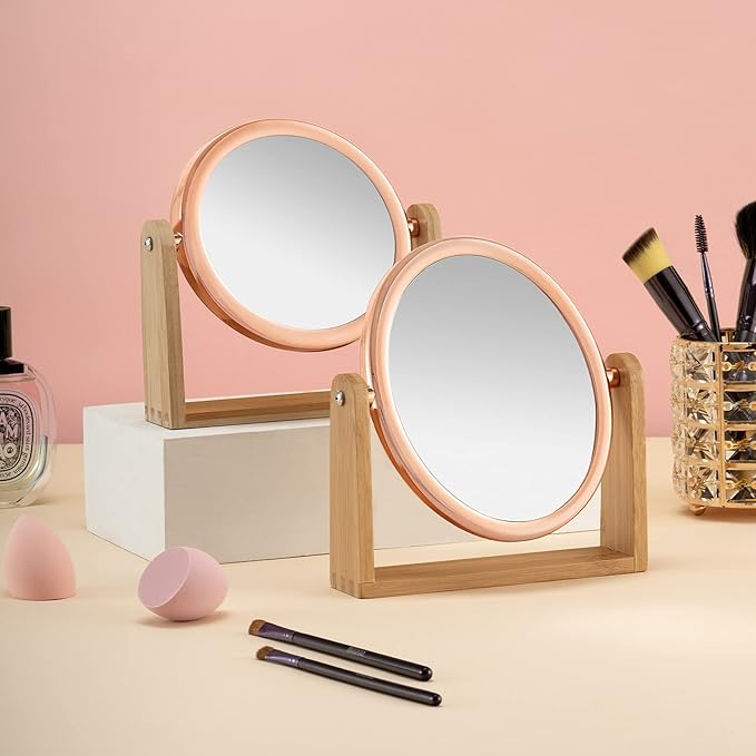 YEAKE Double Sided 10X Magnifying Makeup Mirror with Bamboo Stand,Small Desk Table Mirror with 360° Rotation,Standing Portable Cosmetic Mirror,Good for Tabletop,Traveling(Rose Gold,Oval)