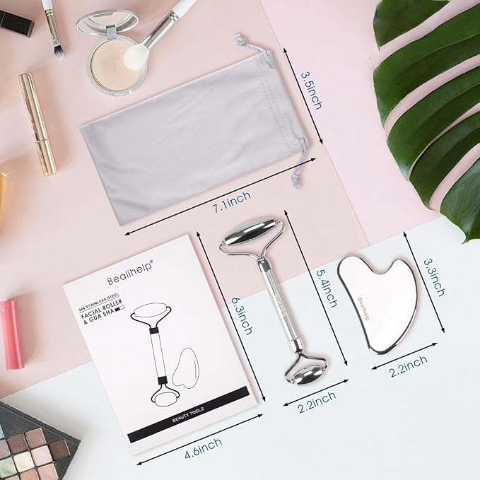 Face Roller and Gua Sha, Stainless Steel Facial Roller and Guasha Tool for Face, Skin Care Roller for Wrinkles and Lifting, Improve Puffiness, Metal Face Massager for Eyes, Neck Tighten