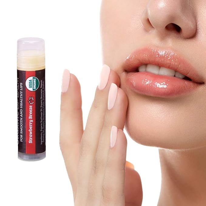 Earth's Daughter USDA Organic Lip Balm 4-Pack Stocking Stuffers Strawberry flavor - Beeswax, Coconut Oil, Vitamin E - Best Lip Repair Chapstick for Dry Cracked Lips.