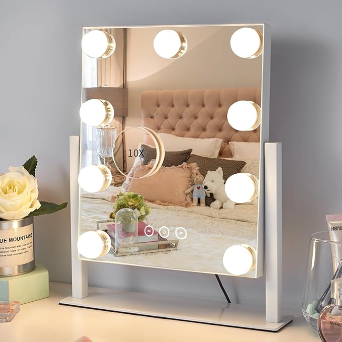 Vanity Mirror with Lights,Lighted Vanity Mirror with 9 Dimmable Bulbs for Dressing Room & Bedroom,3 Color Lighting,Modes Detachable 10x Magnification 360°Ratation(White)