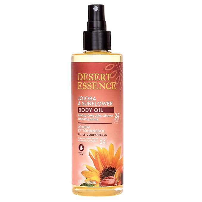 Desert Essence, Jojoba & Sunflower Body Oil Spray, 8.28 fl. oz. - Gluten-Free, Vegan, Cruelty Free - 24hour Moisture, Soothes Skin, Perfect for Sensitive Skin, Illuminating Body Spray