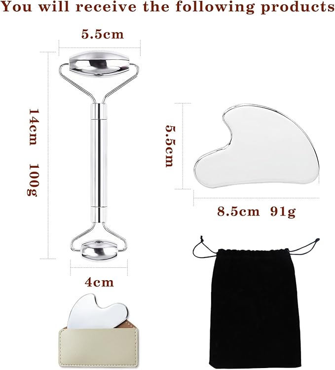 Stainless Steel Gua Sha and Face Roller Set Facial Massager Tools, Lymphatic Drainage Massager Metal Gua Sha Skin Self Care Gifts Face Sculpting Guasha for Body Eyes with Pouch(Silver)