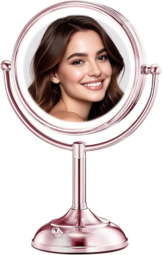 VESAUR Lighted Makeup Mirror Rose Gold Nickel, Double Sided 1X/10X HD Undistorted Magnifying Mirror, 8.5" Vanity Mirror with 3 Colors Dimmable 90 Bright LEDs, 360°Swivel Two Power Supply, Luxury Gifts