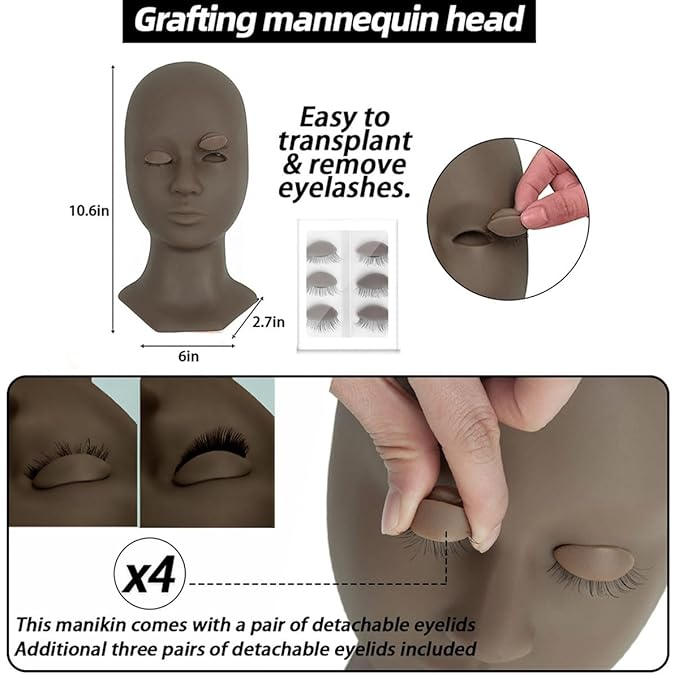 Lash Extension Kit Professional Eyelash Extensions Practice Set with Mannequin Head Removable Eyelids USB Lash Fan Individual False Eyelash Shampoo Brush Glue Practical Tools for Beginners