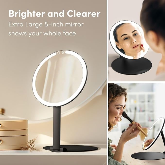 Fancii Abigail Rechargeable Travel Makeup Mirror with LED Light, 8" Foldable Stand, 3 Color Lighting Travel Mirror. Dimmable & Lightweight Portable Vanity Mirror, Beauty Travel Essential (Black)