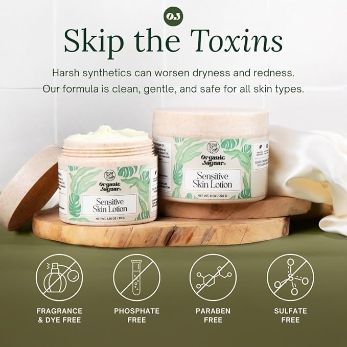 Organic Jaguar Natural Body Lotion for Sensitive Skin, Scent Free, Sulfate & Paraben Free Body Care, Moisturizer With Essential Oils, Vitamin E Oil, Beeswax, Extra Virgin Olive Oil, Raw Honey, 8 oz