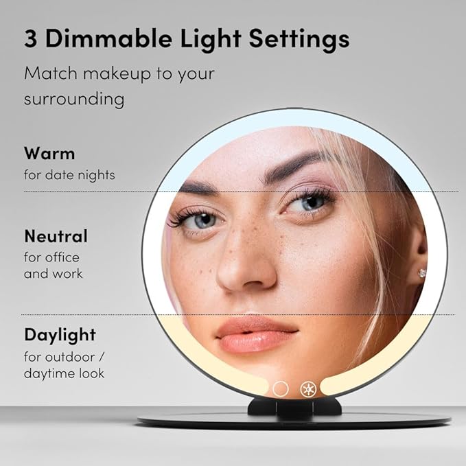 Fancii Abigail Rechargeable Travel Makeup Mirror with LED Light, 8" Foldable Stand, 3 Color Lighting Travel Mirror. Dimmable & Lightweight Portable Vanity Mirror, Beauty Travel Essential (Black)