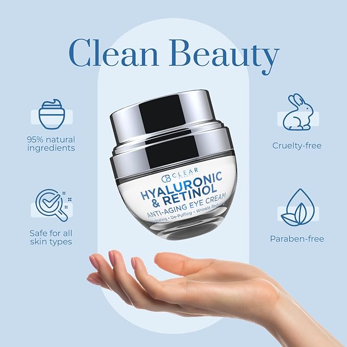 Clear Beauty Hyaluronic Acid & Retinol Eye Cream - Hydrating, Anti-Aging & Reduces Dark Circles & Puffiness - Dermatologist Tested, Cruelty-Free Korean Skin Care for All Skin Types - 1.01 Fl. Oz