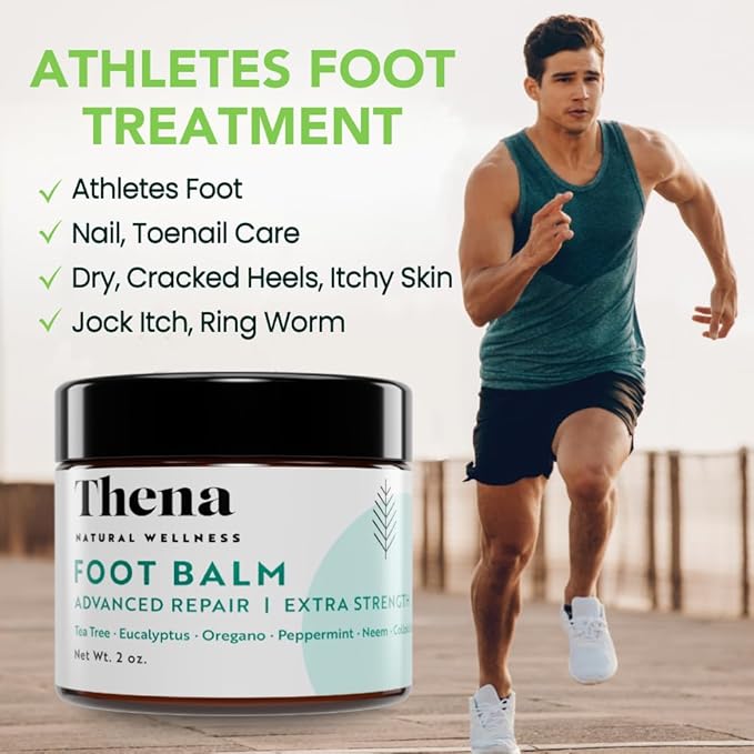 THENA Athletes Foot Treatment Balm, Extra Strength Power6 Formula Foot Cream with Tea Tree Peppermint Neem, Repairs Dry Cracked Feet Heels Itchy Skin Nails Toenails, Advanced Foot Care for Men Women