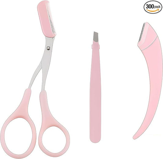 Eye brow Trimmer, 2 - in - 1 Eyebrow Trimming Set with Comb, Stainless Steel Professional Eyebrow Clipper, Eyebrow Grooming Tools for Women and Men, Beauty Accessory Tools (3 Pack) (Pink)