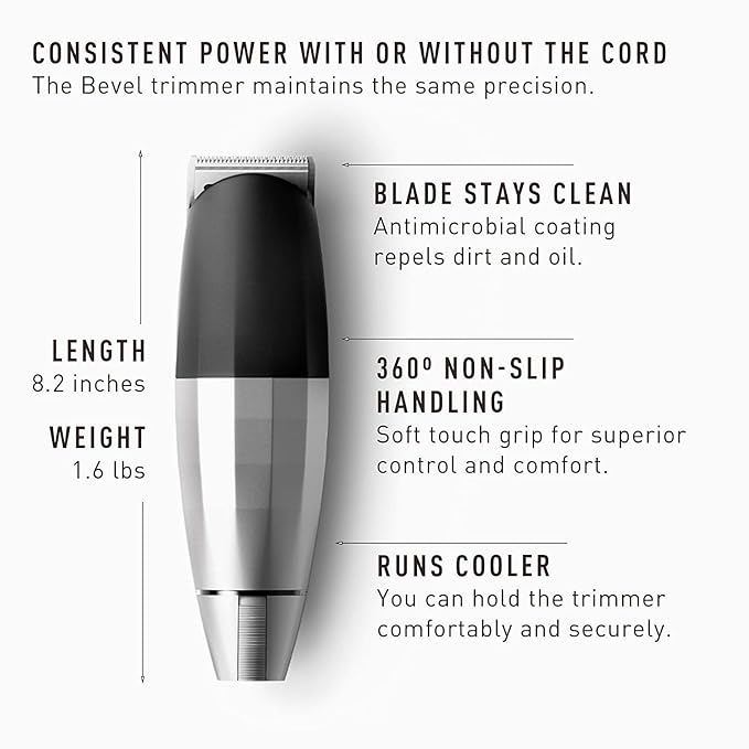 Bevel Beard Trimmer for Men - Cordless Trimmer, 6 Hour Rechargeable Battery Life, Tool Free Adjustable Zero Gapped Blade, Barber Supplies, Mustache Trimmer, Silver