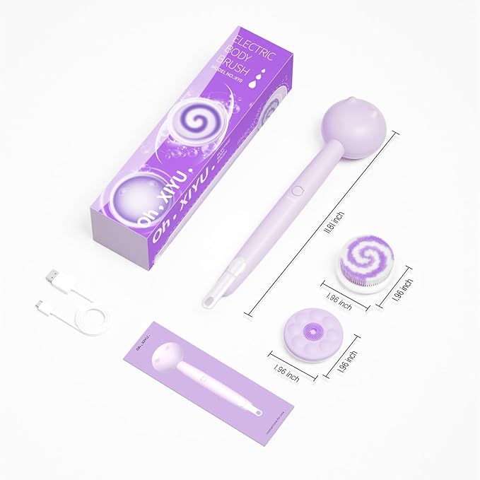 Electric Back Scrubber for Shower Body Brush, Waterproof Shower Body Scrubber for Cleansing, Massaging, Rechargeable Spinning Bath Brush for Kids with 2 Heads & 3 Speed Modes, Taro Purple XY0
