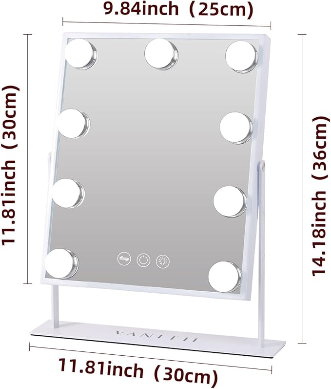 VANITII Vanity Mirror with Lights Hollywood Lighted Makeup Mirror with 9 Dimmable Bulbs Smart Touch Control 3 Colors Light for Bedroom, Detachable 10X Magnification, 360°Rotation