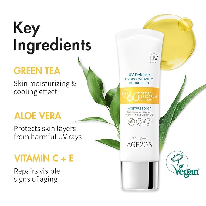 AGE20'S UV Defense Hydro Calming Sunscreen SPF 60+ | Korean Sunscreen | Moisturizing Creamy Formula, No White Cast, Lightweight Finish | Green Tea + Aloe Vera | Dermatest Excellent | 1.69 fl.oz*2