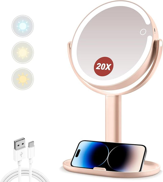 MIYADIVA Makeup Mirror with Lights,20X Magnifying Mirror with Light and Touch Switch,Vanity Mirror with 3 Color Light and 80 LEDs,2-Sided Lighted Magnified Mirrors 8.8 Inches, Pink