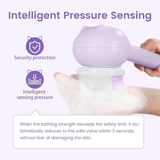 Electric Back Scrubber for Shower Body Brush, Waterproof Shower Body Scrubber for Cleansing, Massaging, Rechargeable Spinning Bath Brush for Kids with 2 Heads & 3 Speed Modes, Taro Purple XY0
