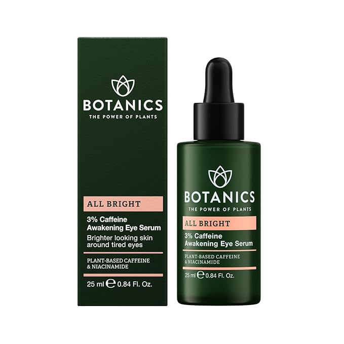 Botanics All Bright Caffeine Eye Serum - 3% Caffeine Awakening Under Eye Serum for Dark Circles and Puffiness - Refresh & Brighten Tired Eyes - Vegan & Cruelty Free (0.84 Fl Oz)