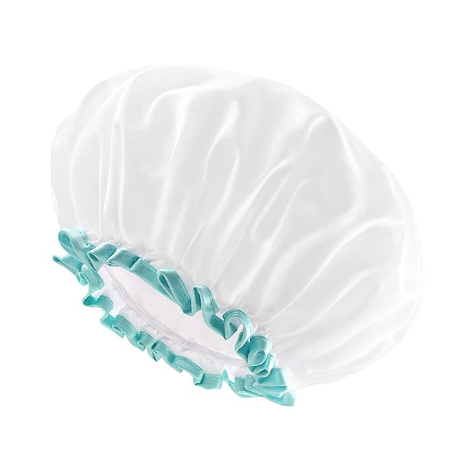 mikimini White Shower Cap for Women and Girls 2 Pack,Double Waterproof, Reusable,Washable, Super Cute and Soft,Comfortable