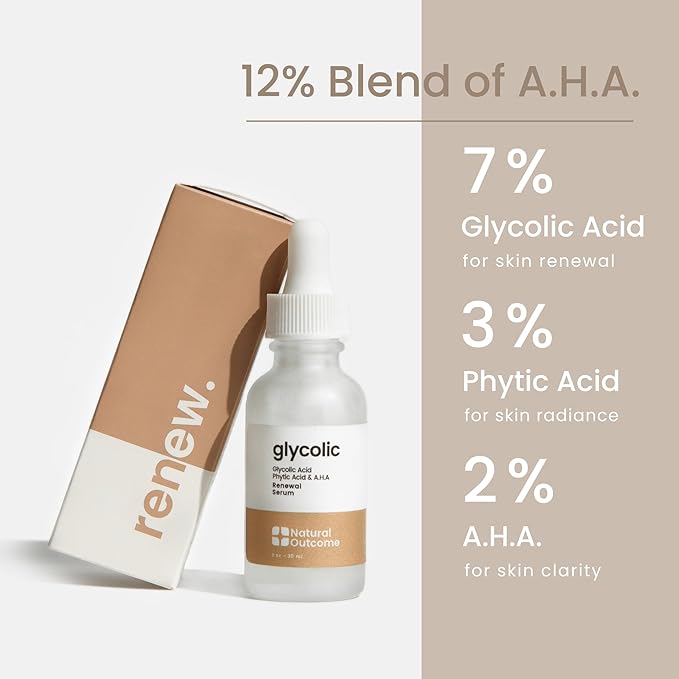 Natural Outcome Glycolic Acid/AHA 12% Renewal Serum | Anti-Aging Exfoliating Facial Serum | Increases Cell Turnover Leaving Behind Smoother Skin | Clarifies Acne and Rejuvenates Skin | 1 Oz