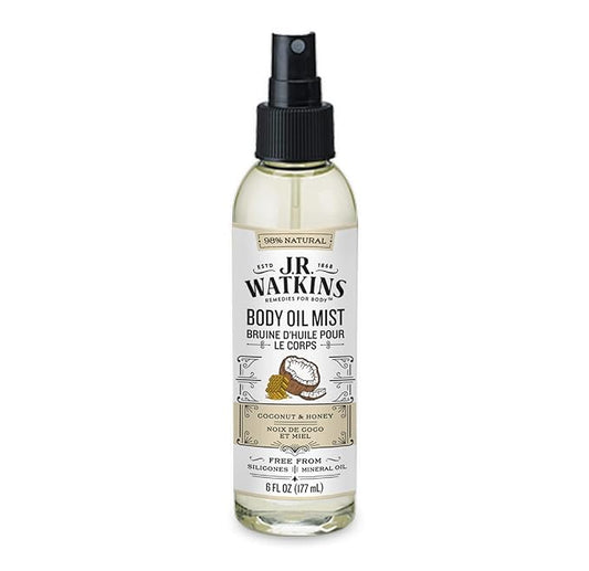 JR Watkins Natural Hydrating Body Oil Mist, Coconut Milk & Honey, Moisturizing Body Oil Spray for Glowing Skin and Cruelty Free, 6 fl oz