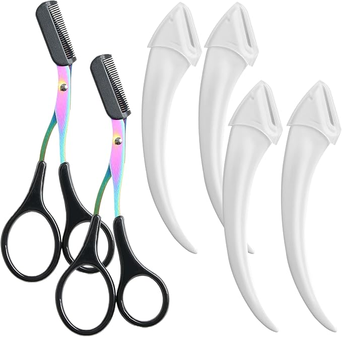 6 Pcs Eyebrow Trimmer Scissors with Comb, Curved Eye Brow Razor, Non-Slip Stainless Steel Facial Hair Removal Grooming, Brow Shaping Beard Shaving Kit Beauty Accessories for Women Men (Black)
