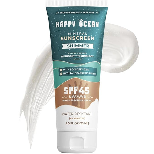 SPF 45 Shimmer Mineral Sunscreen with Non-Nano Zinc Oxide for Face and Body, Natural Sparkling Finish Reef Safe Sunscreen, Travel Size, Non-toxic, Biodegradable, Water Resistant, 2.5 Fl oz