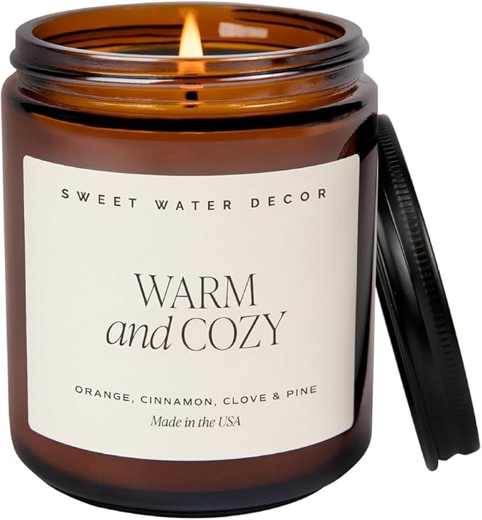 Sweet Water Decor Warm and Cozy Soy Candle - Orange Peel, Cinnamon, Ginger and Clove Scented Candles for Home - 9oz Amber Jar + Black Lid, 40+ Hour Burn Time, Made in The USA