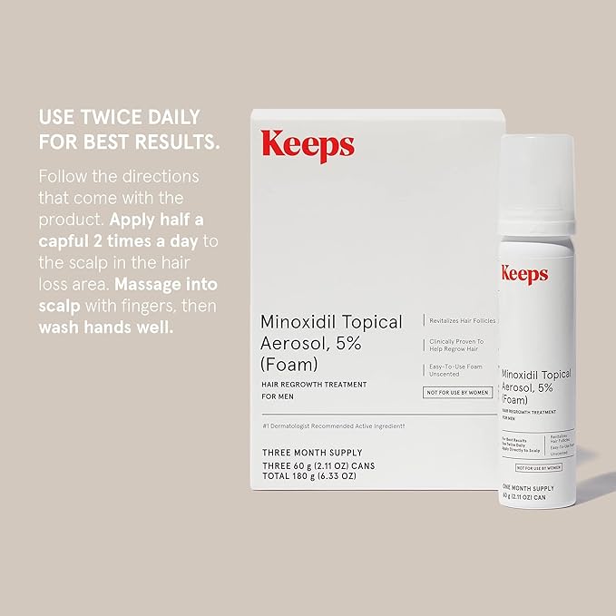 Keeps Extra Strength Minoxidil for Men Topical Aerosol Foam 5%, Hair Growth Treatment - 3 Month Supply (3 x 2.11oz Bottles) - Thicker, Longer Hair - Slows Hair Loss & Promotes Hair Regrowth
