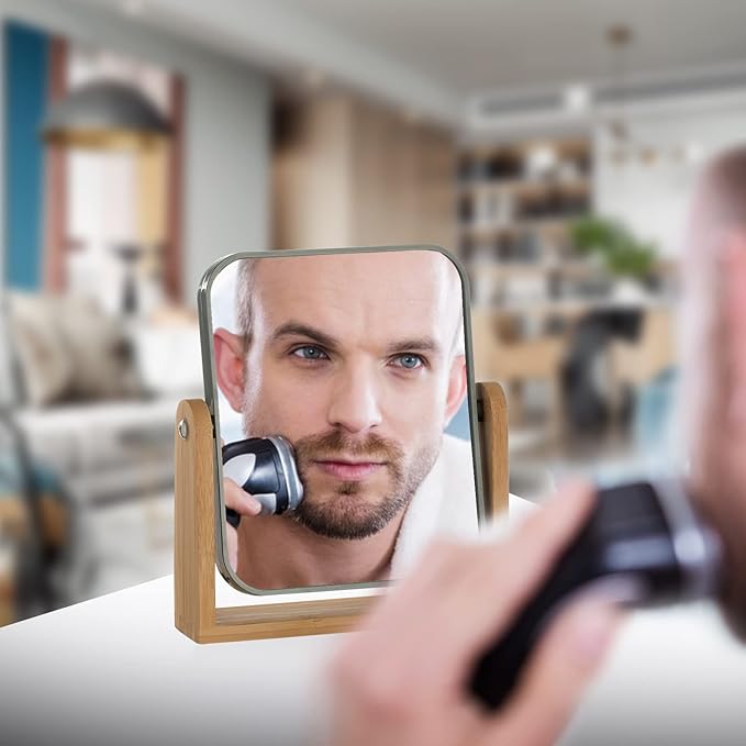 YEAKE Double Sided 3X Magnifying Makeup Mirror with Bamboo Stand,Small Desk Table Mirror with 360° Rotation,Standing Portable Cosmetic Mirror,Good for Shower,Shaving and Traveling-Grey