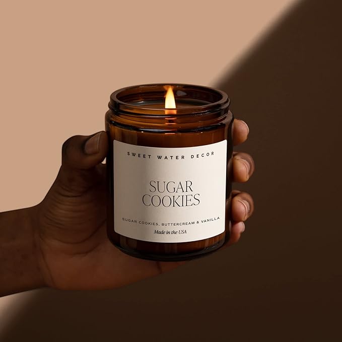 Sweet Water Decor Sugar Cookies Soy Candle - Buttercream Frosting, Vanilla, Sugar Cookie Scented for Home - Sweet Christmas Candle - 9oz Amber Jar + Black Lid, 40+ Hour Burn Time, Made in The USA