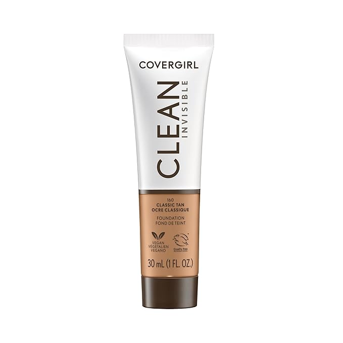 COVERGIRL Clean Invisible Foundation Makeup, Dewy & Glowy Natural Finish, Buildable Coverage, Skin-Like Smooth Look, Vegan, Classic Tan, 1oz