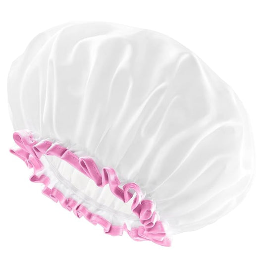 mikimini White Large Shower Caps for Women Long Hair Pack of 2, Reusable Waterproof Double Layers Bathing Hair Cap Soft Comfortable PEVA Lining, Cute, Non-fading & Stretchy Shower Hat X-Large