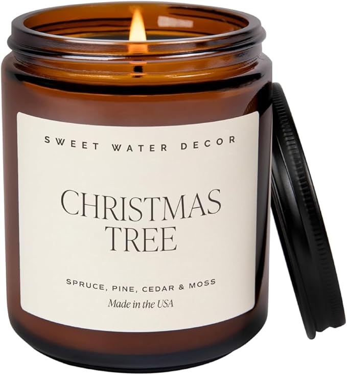 Sweet Water Decor Christmas Tree Candle - Pine Needles, Cedarwood, Cypress, and Evergreen Soy Holiday Scented Candles for Home - 9oz Amber Jar Candle, 40+ Hour Burn Time, Made in The USA