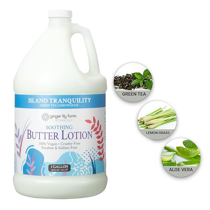 Ginger Lily Farm's Botanicals Soothing Butter Lotion for Dry Skin, Island Tranquility, 100% Vegan & Cruelty-Free, Green Tea Lemongrass Scent, 1 Gallon (128 fl oz) Refill
