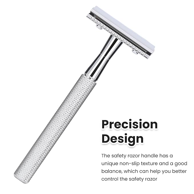 Double Edge Safety Razor With 10 Premium Stainless Steel Reusable Single Blade Razors For Men and Women, Smooth Wet Shave Experience, Glossy Silver