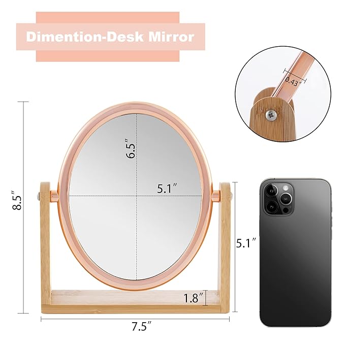 YEAKE Double Sided 10X Magnifying Makeup Mirror with Bamboo Stand,Small Desk Table Mirror with 360° Rotation,Standing Portable Cosmetic Mirror,Good for Tabletop,Traveling(Rose Gold,Oval)