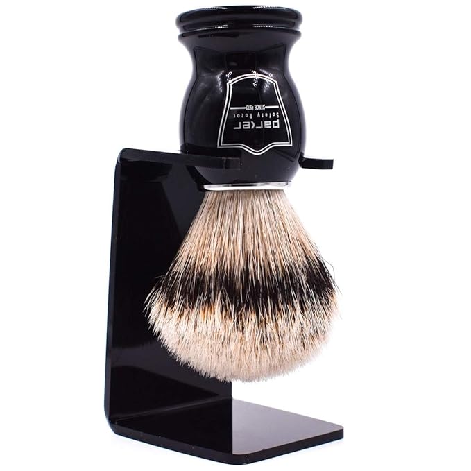 Parker Silvertip Badger Shaving Brush with Resin Handle & Resin Stand | 22mm Soft Knot for Rich Lather | Handcrafted Brush for Shave Cream or Soap | Premium Wet Shaving Accessory | Iconic Brand