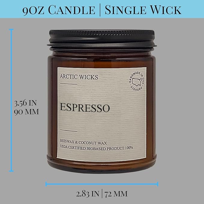 Arctic Wicks Scented Coconut Beeswax Candles | Coconut Beeswax Non Toxic Candle 9oz Amber | Farmhouse Candles Non-Toxic Clean Burn 100% USDA Certified Biobased (Espresso)