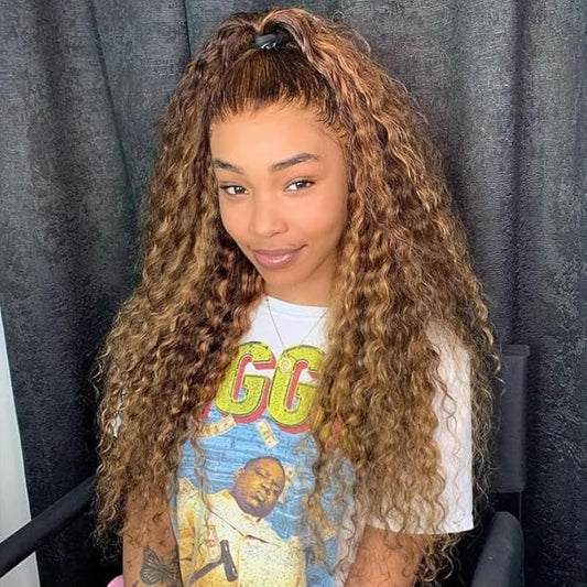 Highlight Ombre Lace Front Wigs Human Hair Honey Blonde Deep Wave 13x6 HD Transparent Lace Frontal Wigs Human Hair P4/27 Colored Curly Wig for Women 180% Density Glueless Pre Plucked 22 Inch Wig