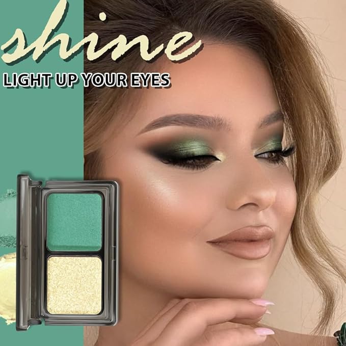 2 Color Shimmer & Matte Eyeshadow Palette Makeup, Gold Shimmer & Emerald Green Matte Shades eye shadow for Womam Halloween Birthday Party Wear, Vegan & Cruelty-Free