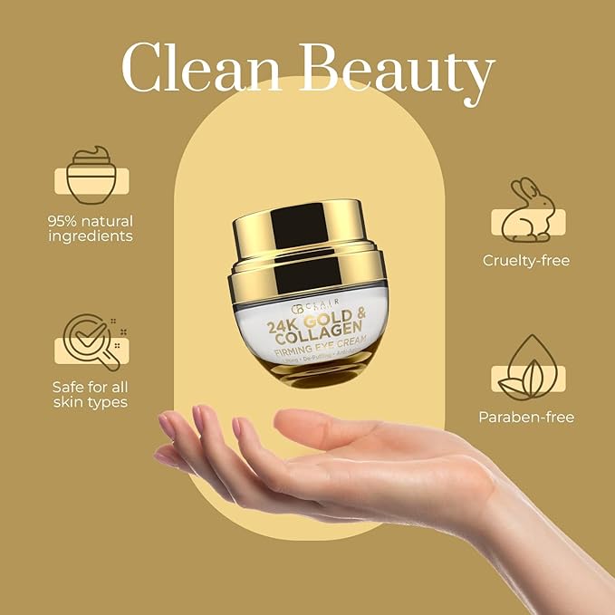 Clear Beauty 24k Gold & Collagen Under Eye Cream - Hydrating, Firming & Anti-Aging - Dermatologist Tested, Clean Beauty & Cruelty-Free Korean Skin Care for All Skin Types - 1 Fl. Oz
