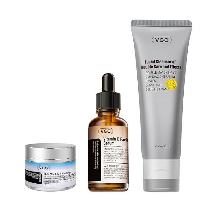 VGO Skin Care Set, with Snail Mucin 92% Moisturizer 1.76 Oz, Vitamin C Serum 1.01 Oz & Dual-Tube Facial Cleanser 3.52 Oz, Daily Routine Kit for Sensitive Skin, Vegan & Cruelty Free