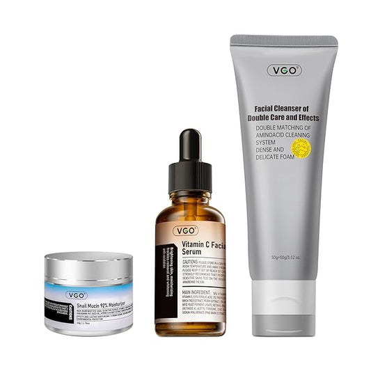VGO Skin Care Set, with Snail Mucin 92% Moisturizer 1.76 Oz, Vitamin C Serum 1.01 Oz & Dual-Tube Facial Cleanser 3.52 Oz, Daily Routine Kit for Sensitive Skin, Vegan & Cruelty Free