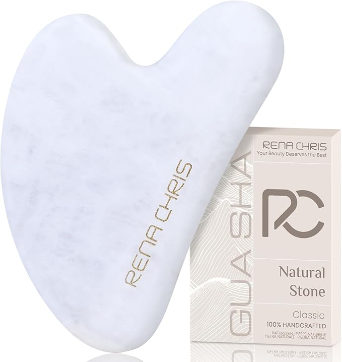 Rena Chris Gua Sha Facial Tools: Natural Jade Stone Guasha Tool for Face Acupuncture Therapy, Facial Massager for Jawline Sculpting and Puffiness Reducing (White)