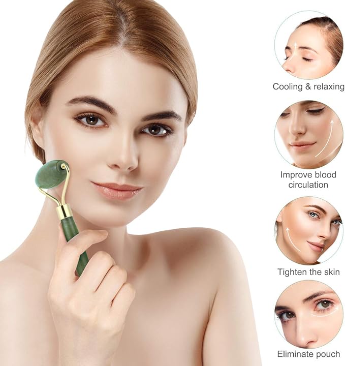 Gua Sha Facial Tools Guasha Tool Gua Sha Jade Stone for Face Skincare Facial Body Acupuncture Relieve Muscle Tensions Reduce Puffiness Festive Gifts (Green-Set)