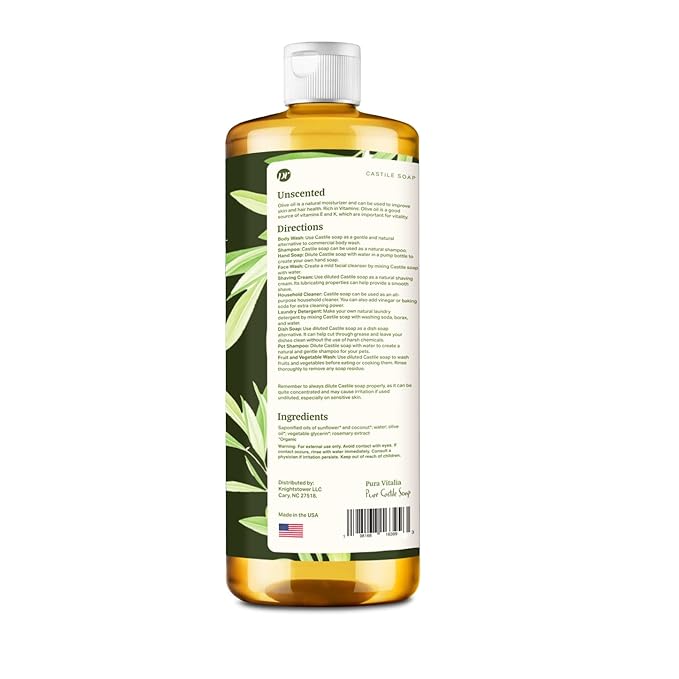 Unscented Organic Castile Soap | Body Wash & Cleanser for Face & Hands | Biodegradable, Eco-Friendly, Palm Oil Free, Vegan & Gentle | Made with 6 Natural Ingredients | 16 oz