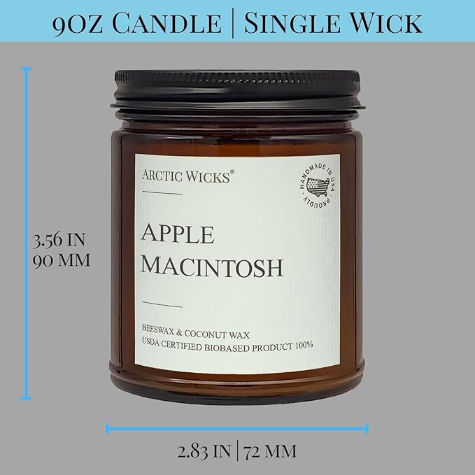 Apple Macintosh Scented Candle | 9oz Amber Jar | Arctic Wicks Non-Toxic Coconut & Beeswax Candles | Hand-Poured Clean Burning Eco-Friendly Candle | Fall Apple Orchard Scent | 100% USDA Biobased