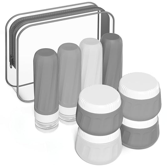 Travel Size Toiletries 8 Pack, TSA Approved 3oz Silicone Squeeze Bottles & Cream Jars with Clear Travel Bag