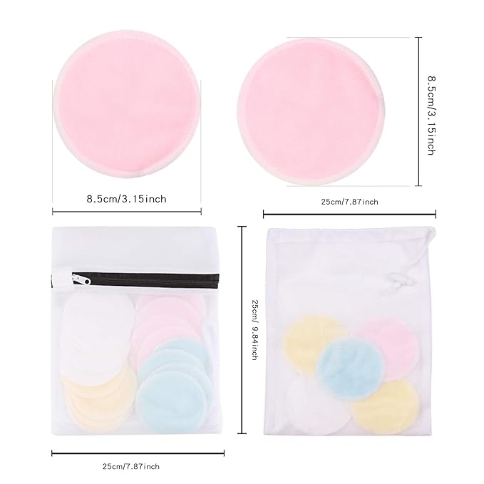 Reusable Makeup Remover Pads (16 Pack) with 2 Bags for Laundry & Storage, Reusable Bamboo Cotton Rounds, Eco-Friendly Reusable Cotton Pads for All Skin Types